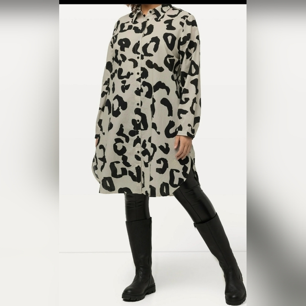 Ulla Popken Black and White Patterned Long Sleeve Dress